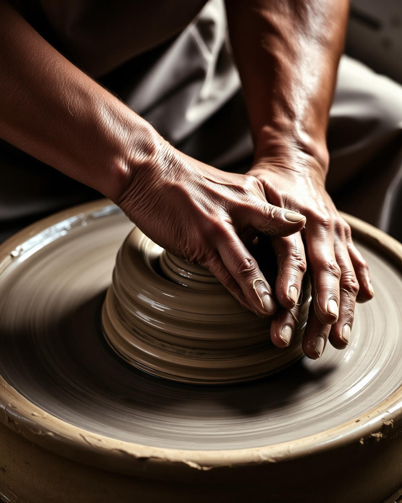 Hands shaping wet clay on a potter's wheel